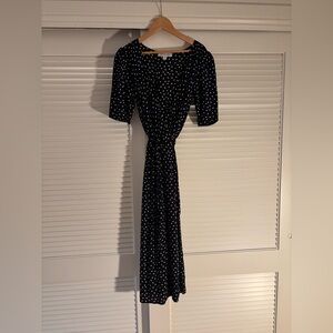 Amour Vert Navy and White Polka Dot Wrap Dress